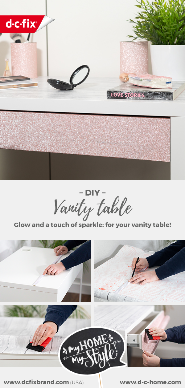 Riuso creativo fai-da-te: nuovo design del tavolo per il trucco con pellicola adesiva d-c-fix® Shabby Wood e Glitter Rose