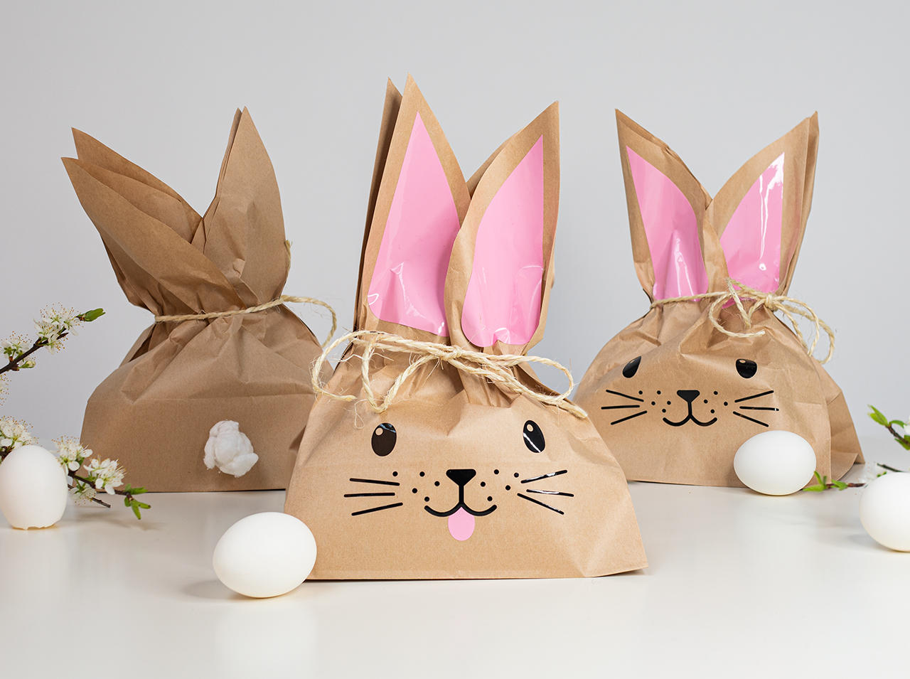 Brown paper bag with rabbit ears and a laughing face.