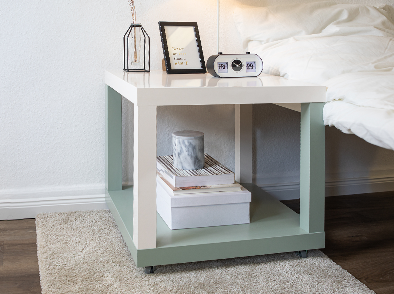 Two-color square side table.