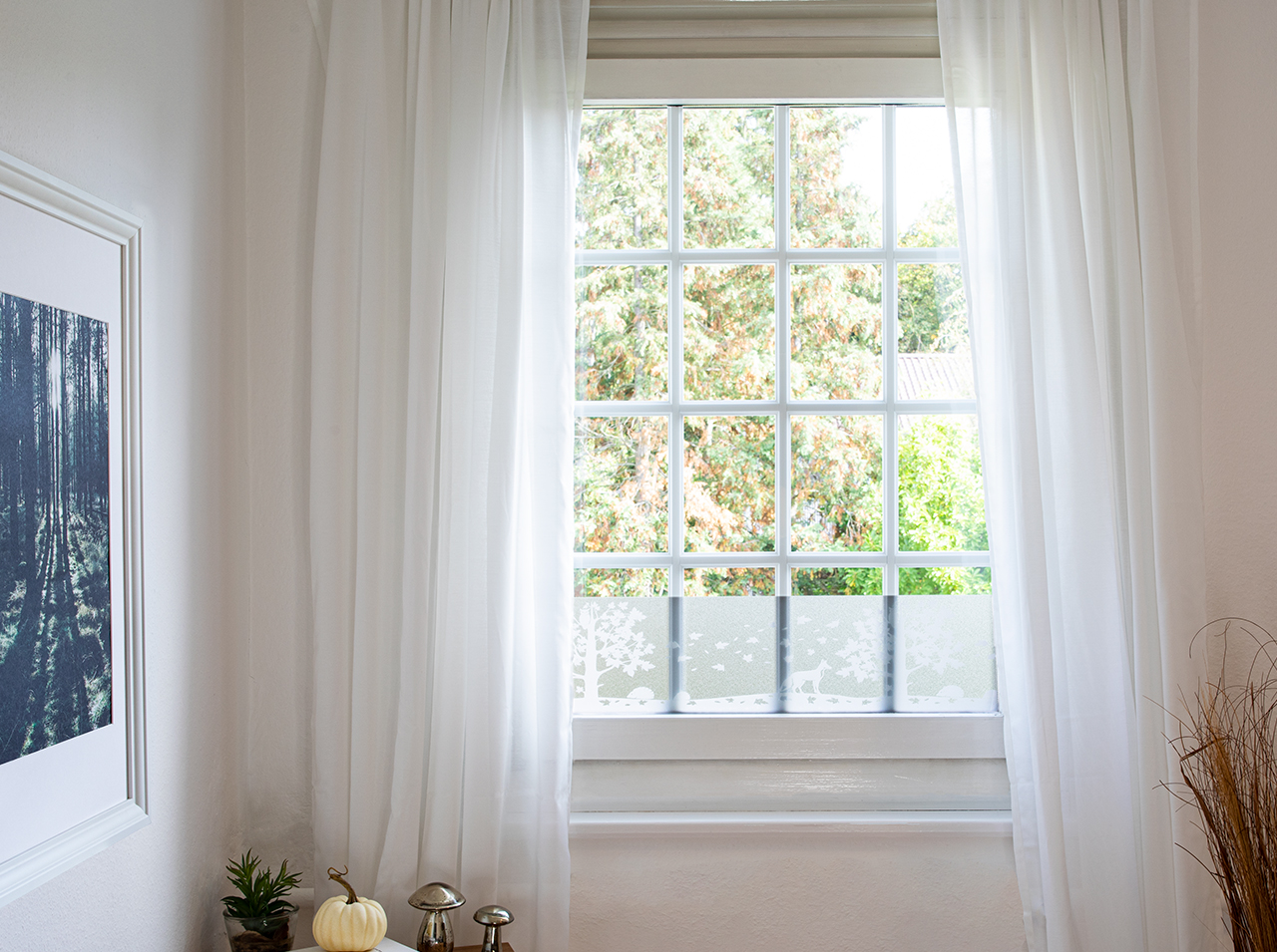 Pellicola decorativa per finestre con la silhouette di un paesaggio forestale in bianco applicata a una finestra.
